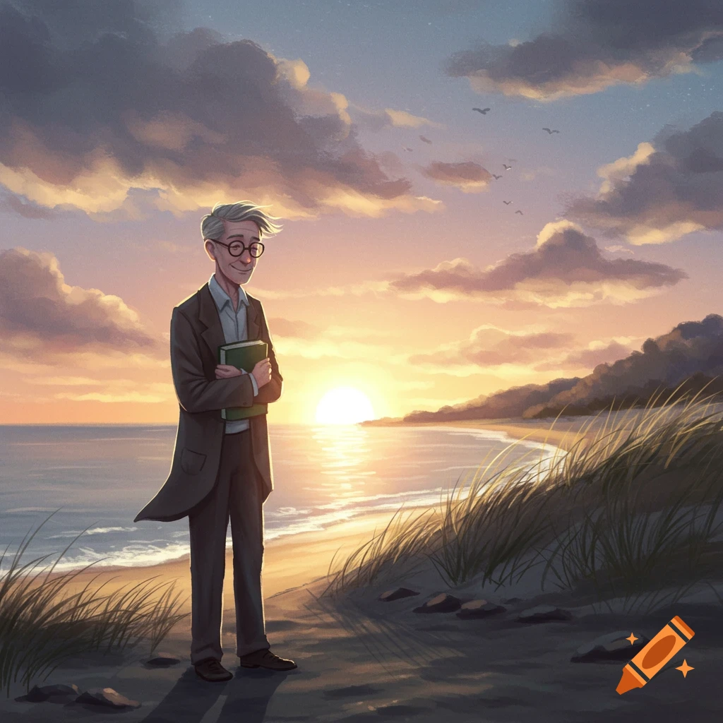 An elderly man holds a book on a beach at sunset.