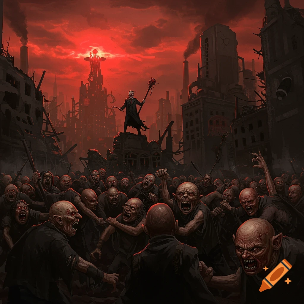 A leader stands on rubble before a snarling crowd in a ruined city under a red sky.