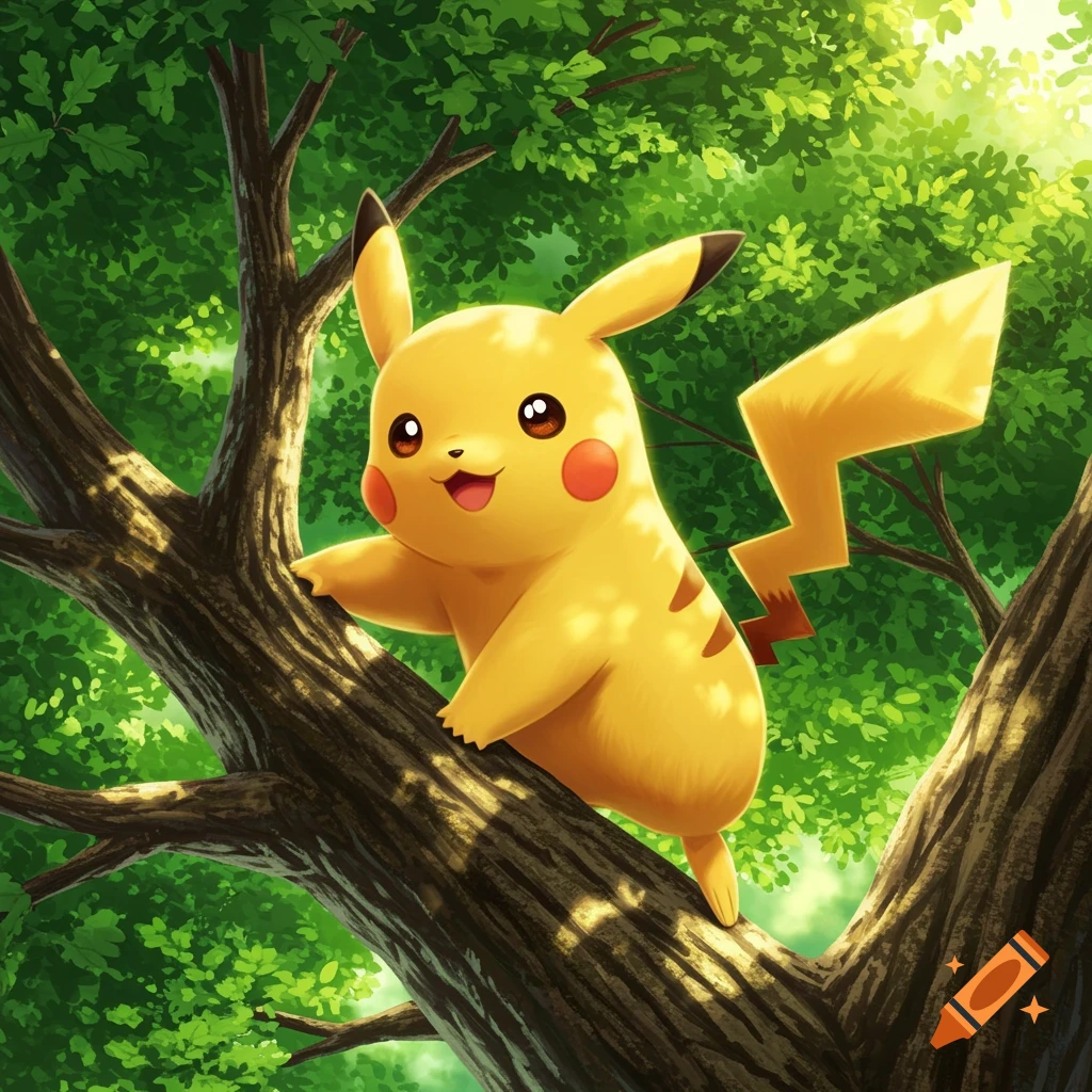 Pikachu climbing a tree in a forest, illustrated style.