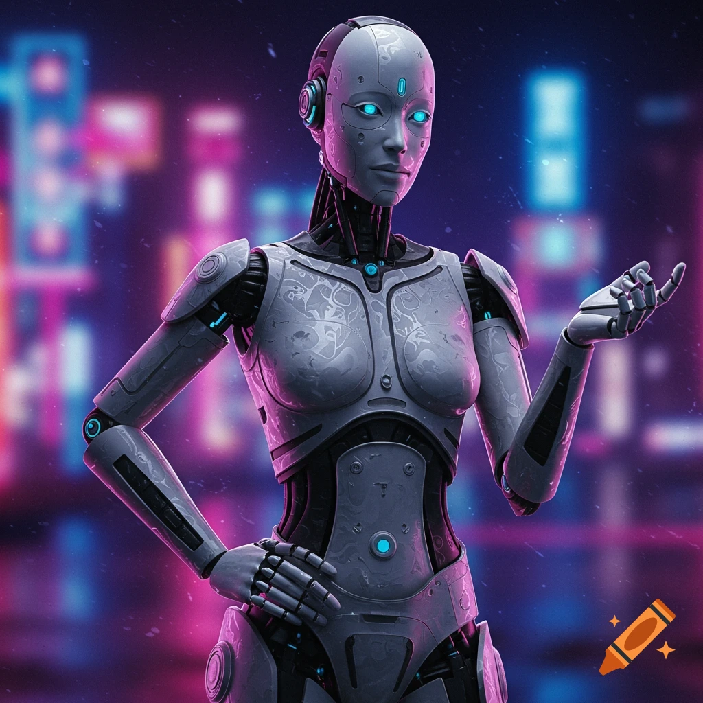 A detailed image of a humanoid robot against a blurred background of neon city lights.