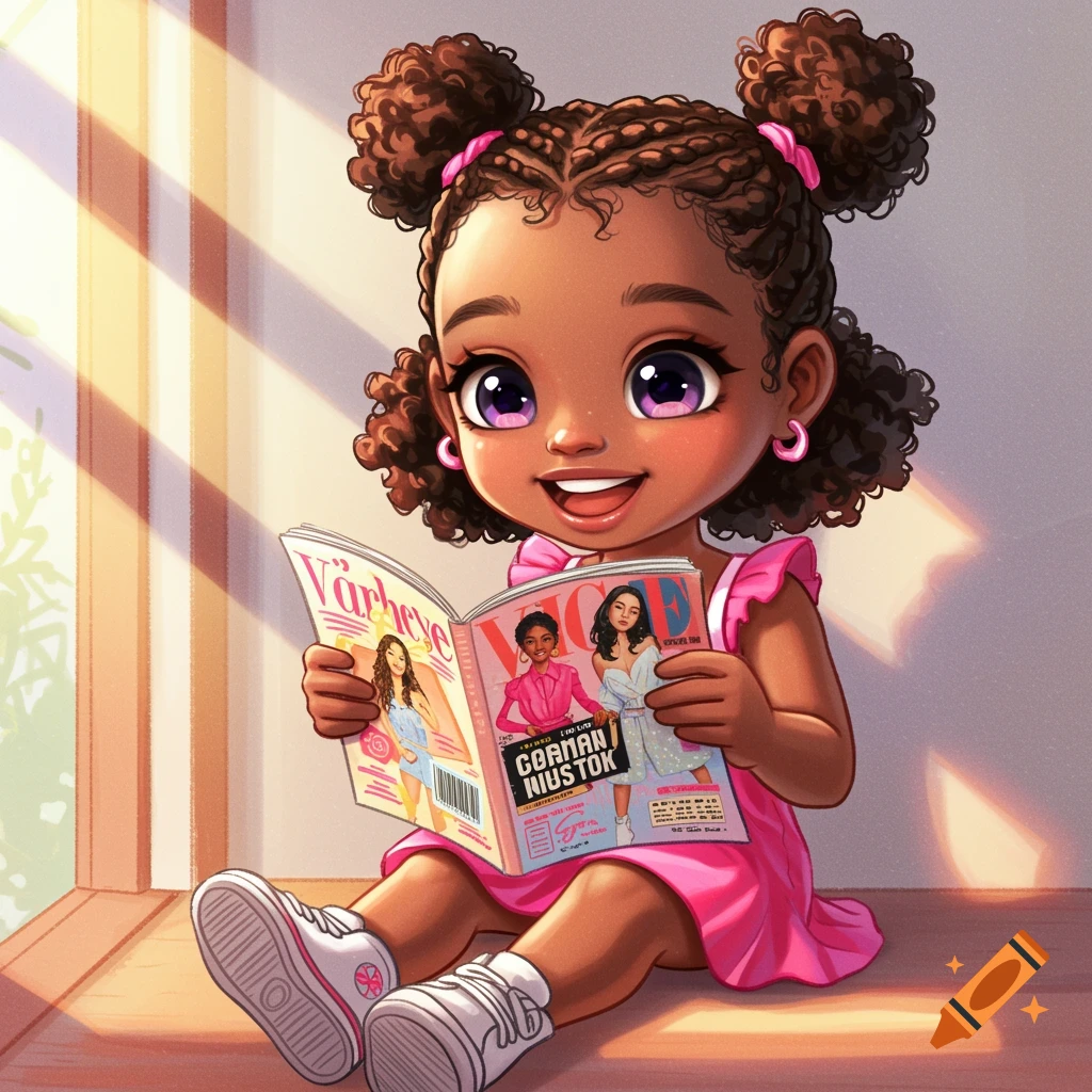 Illustration of a cute Black girl in a pink dress reading a fashion magazine in a sunlit room.