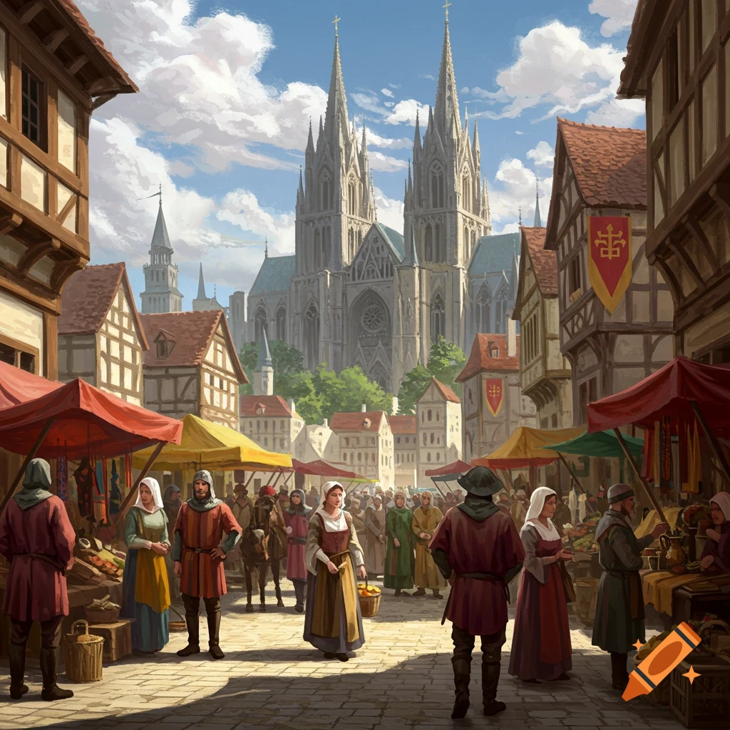 A bustling medieval market scene unfolds in front of a grand gothic cathedral.