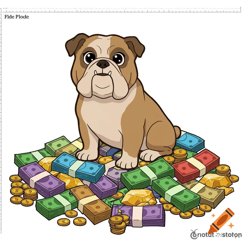 Cartoon bulldog sits on a large pile of colorful money and gold.