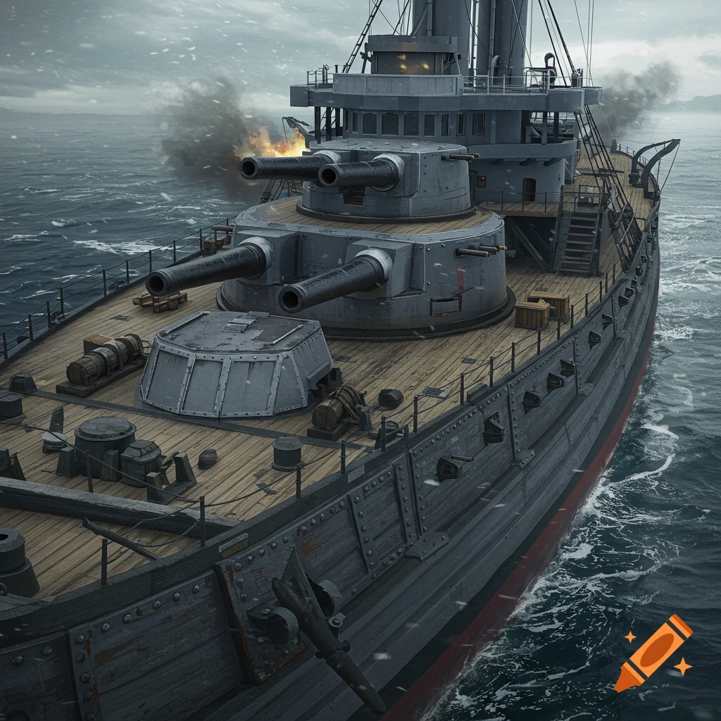 Detailed illustration of a warship firing cannons on a rough sea under a cloudy sky.