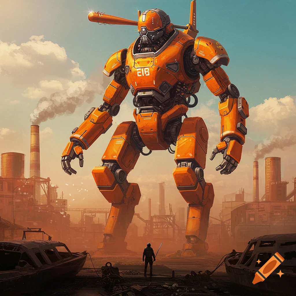 A large orange robot stands over a small person in a wasteland with industrial buildings.