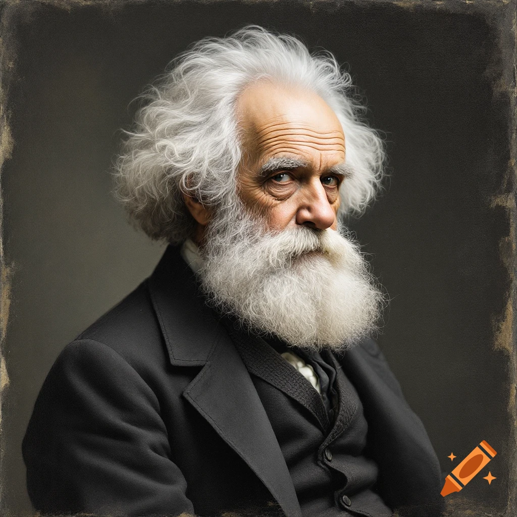 Close-up portrait of a man resembling Charles Darwin with a long white beard and suit, against a dark background.