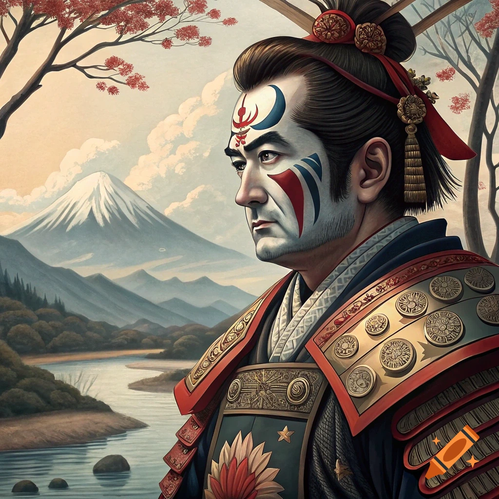 Samurai figure with kabuki makeup against a landscape with Mount Fuji, rendered in a style similar to traditional Japanese art.