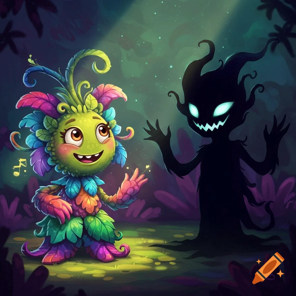 A colorful cartoon plant monster faces a dark, shadowy monster in a forest clearing.