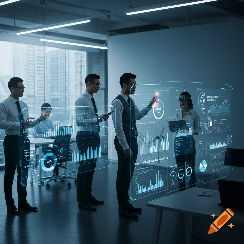 Team collaborating in a modern office with holographic dashboards showing data and charts.