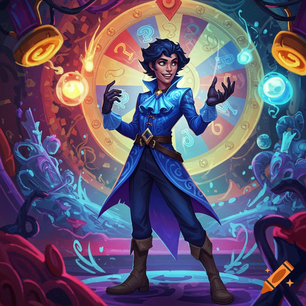 A stylized character in fantasy attire stands in front of a large spin wheel.