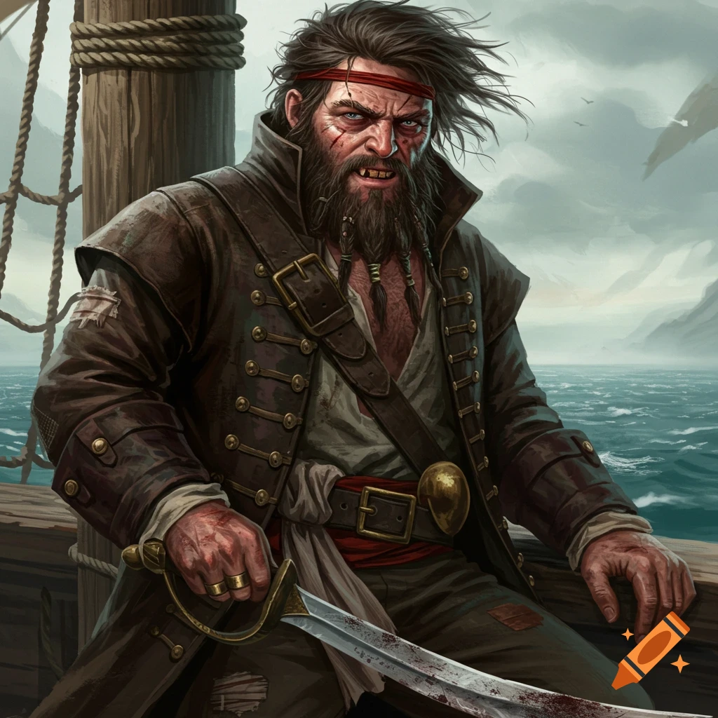 A rugged pirate with a beard and scars holding a sword on a ship deck