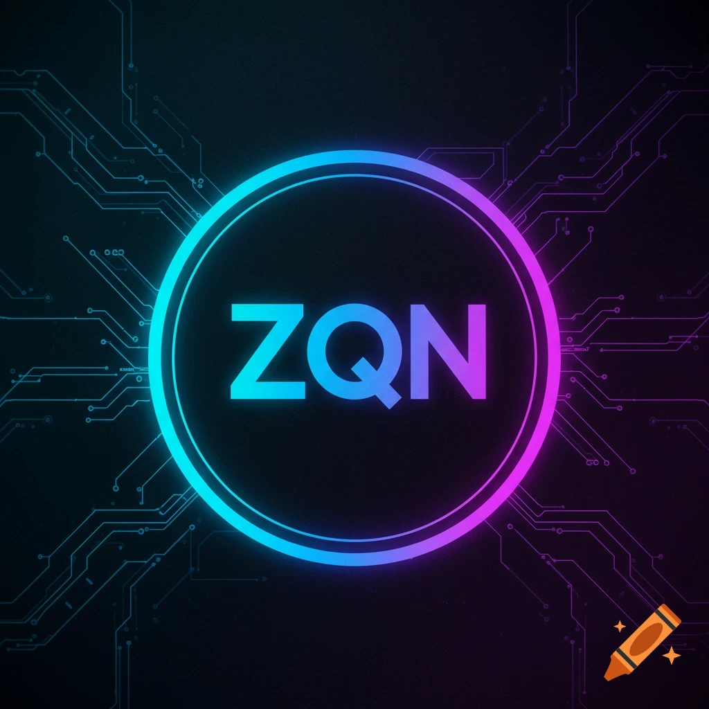 Futuristic ZQN logo with neon glow on a circuit board background.