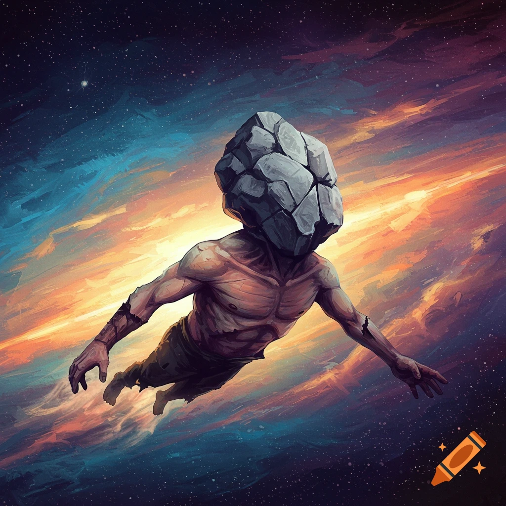 A figure with a rock for a head floats in space among stars and colorful clouds.