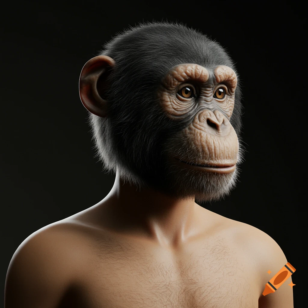 A chimpanzee head on a human body