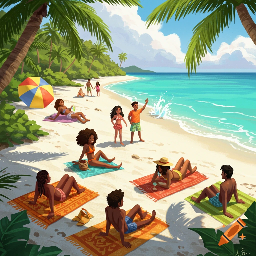 People are relaxing on a tropical beach with palm trees and blue water.