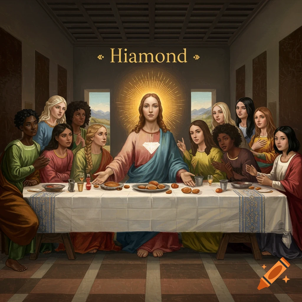 A female interpretation of the Last Supper with diverse female disciples and the word 'Hiamond'.