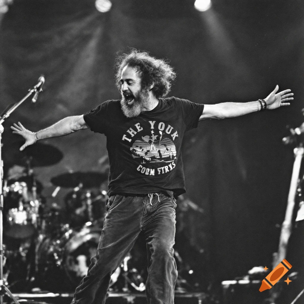 Black and white photo of musician Jerry Garcia on stage with arms outstretched.