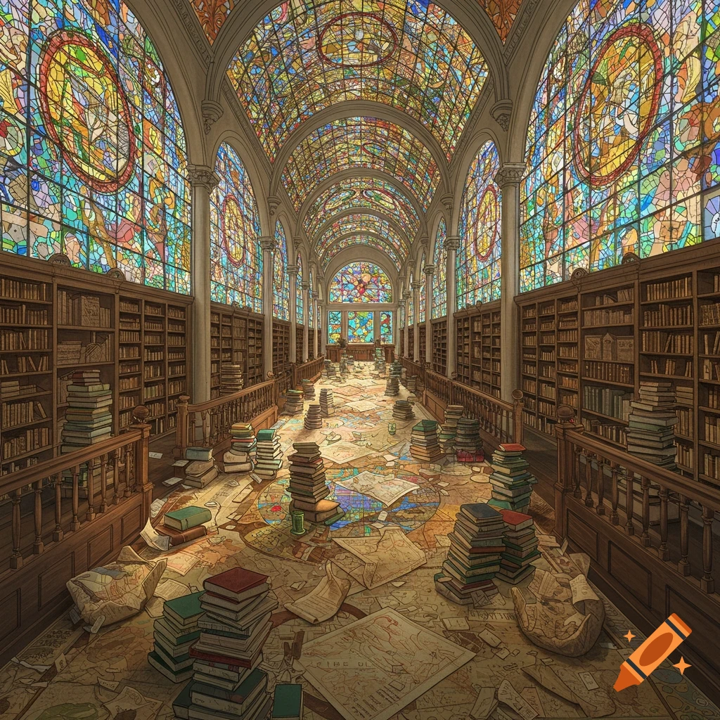 A long library hallway with stained glass windows, filled bookshelves, and scattered books and maps on the floor.