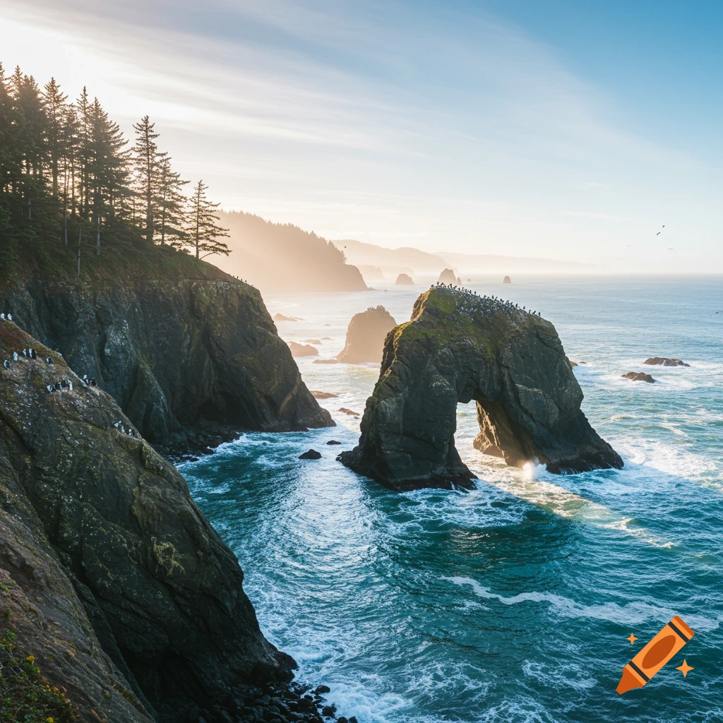 Photorealistic image of a sea arch rock formation and cliffs on the Oregon coast at sunrise.