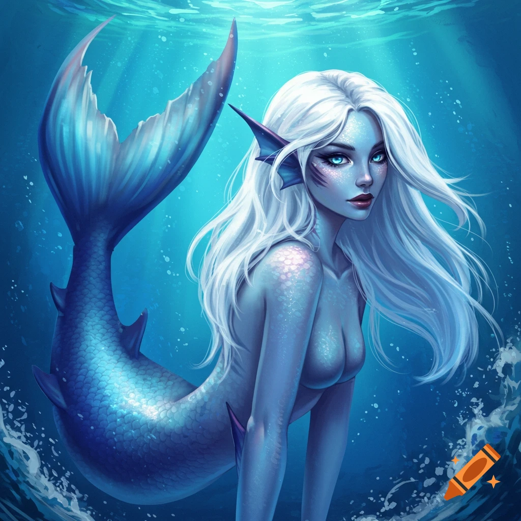 A white-haired mermaid with a blue tail swimming underwater