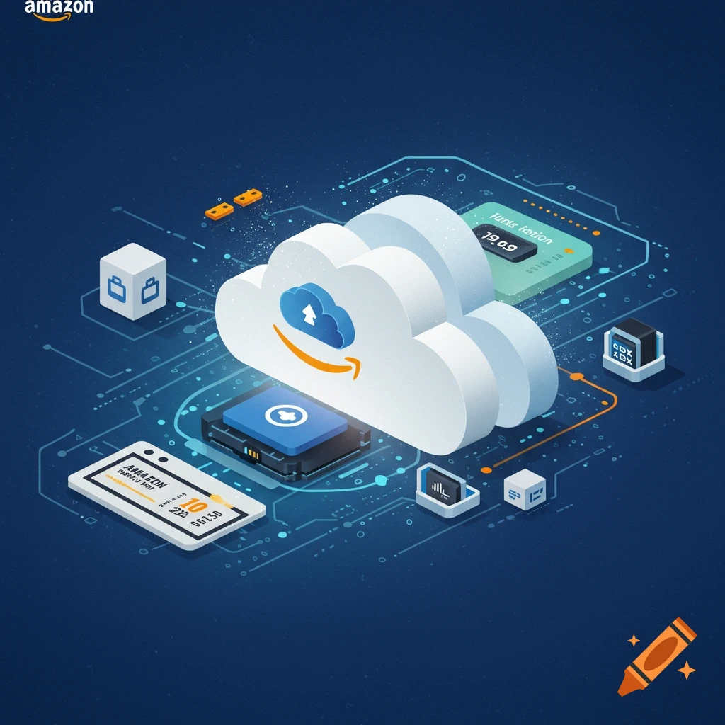 Isometric image showing a cloud connected to various abstract technology components and data streams.