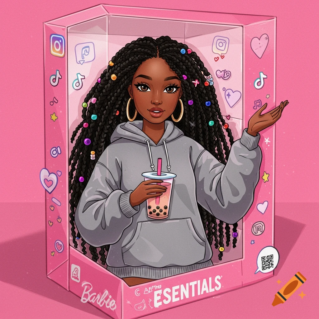 Illustration of a Black girl with braids in a doll box, wearing a hoodie and holding boba, with social media icons.