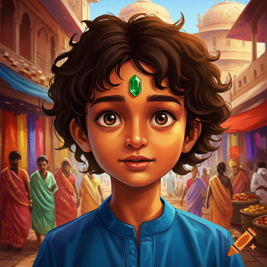 A young Indian boy with an emerald on his forehead in a vibrant market.
