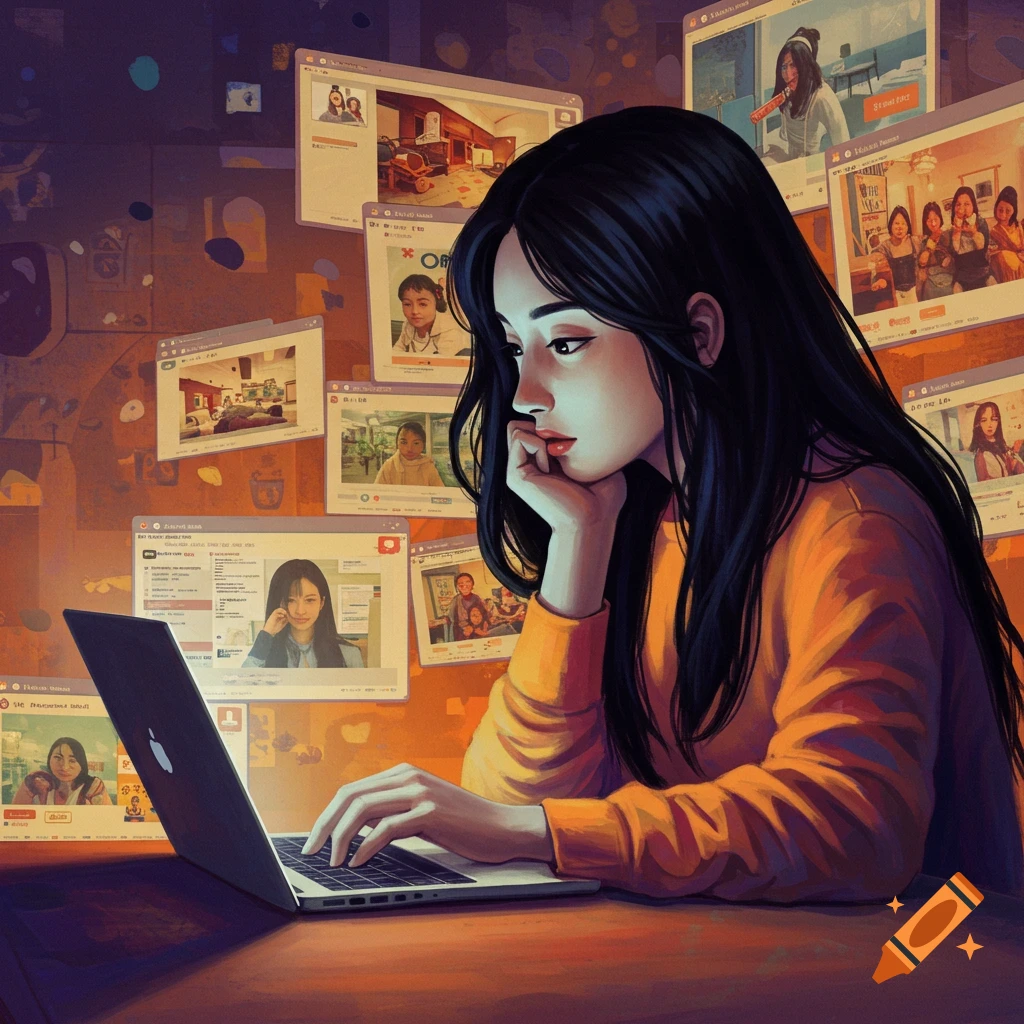 A woman is using a laptop surrounded by windows displaying online content.