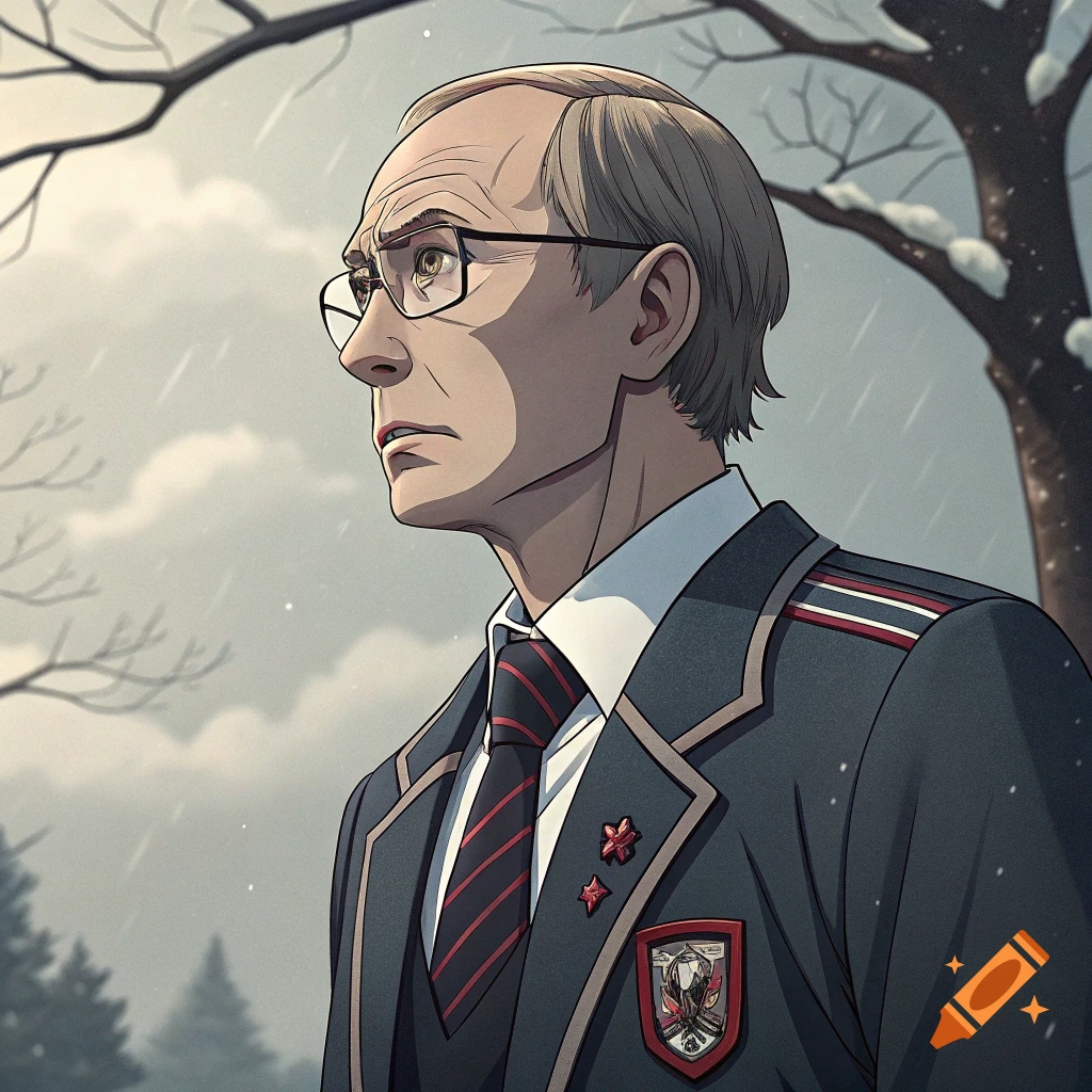 Anime illustration of an older man with glasses in a suit, standing in a snowy forest.