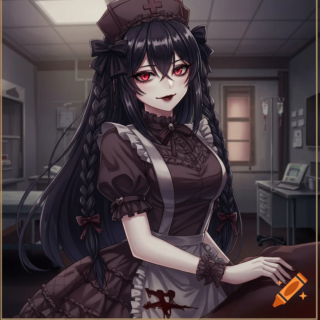 Anime portrait of a gothic nurse with red eyes and blood on her apron in a dark room