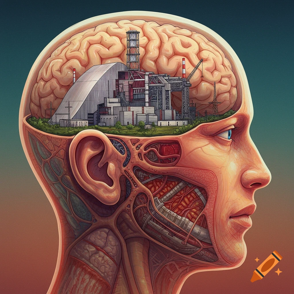 Detailed illustration of a cross-sectioned human head revealing a nuclear power plant inside the brain cavity.