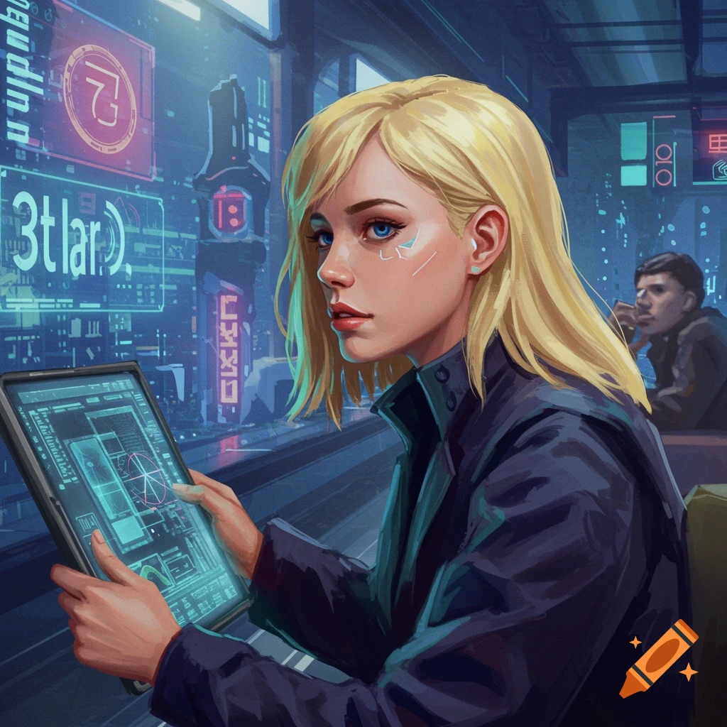 A blonde woman holding a tablet in a cyberpunk city.