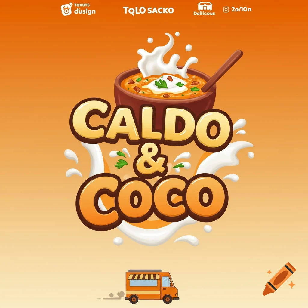 An illustration logo for 'Caldo & Coco', featuring a bowl of soup and a small food truck.