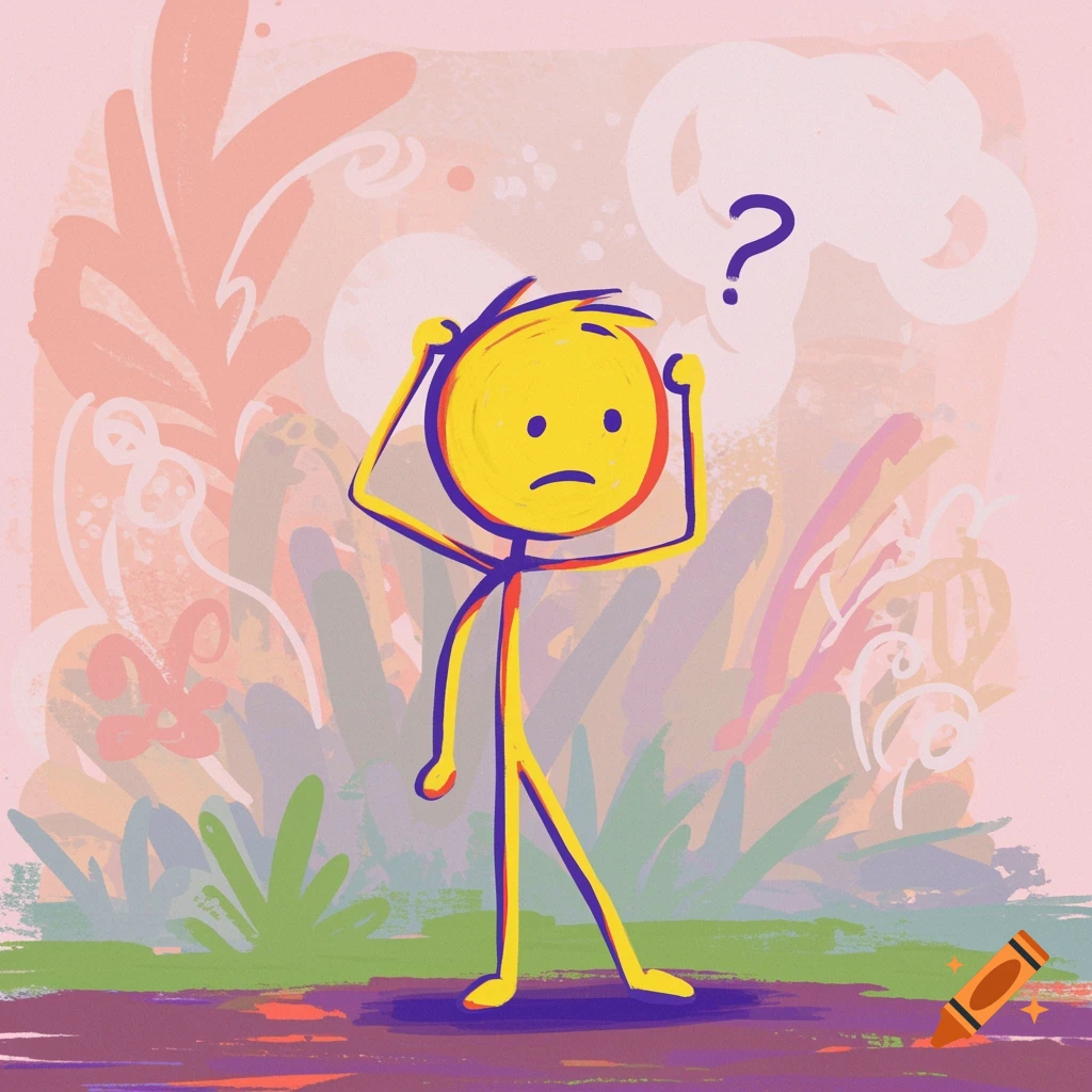 A childlike illustration of a stick figure scratching its head with a question mark in a thought bubble.