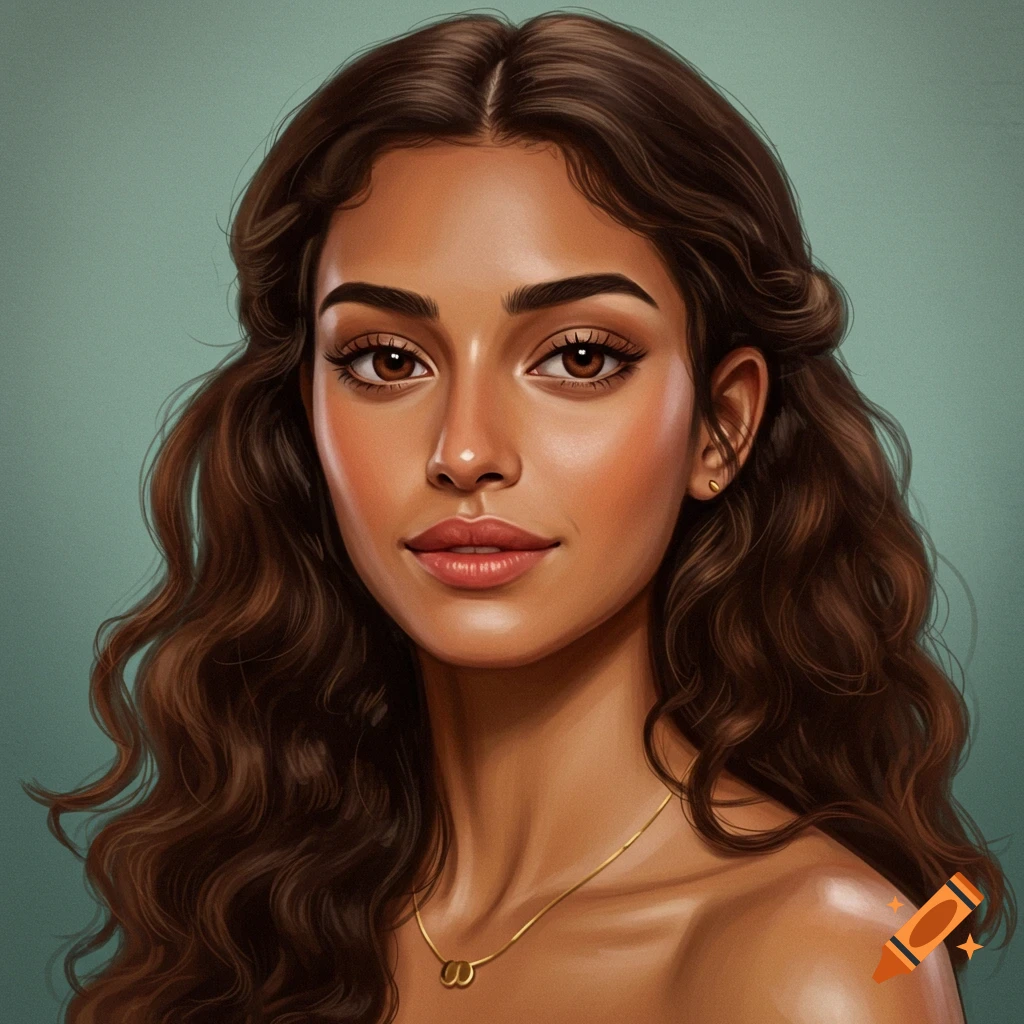 Portrait of a woman with olive skin, brown eyes, and brown hair