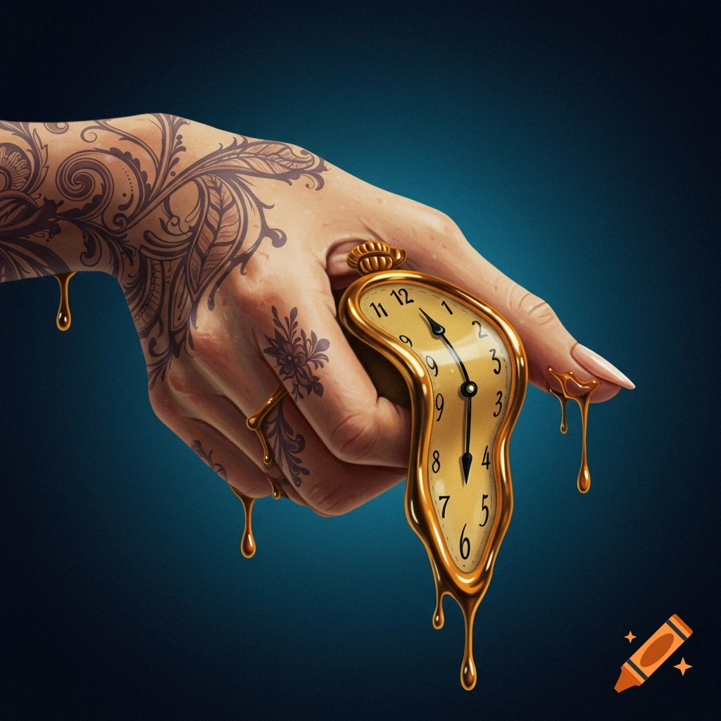 Surreal image of a hand holding a melting gold pocket watch with drips