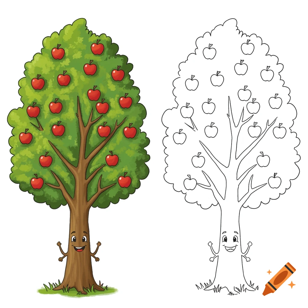 Colored illustration of a happy apple tree with red apples next to a black and white outline.