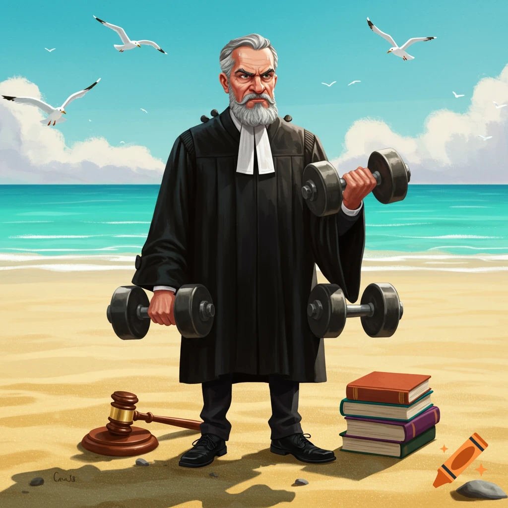A judge in a robe is lifting dumbbells on a beach.
