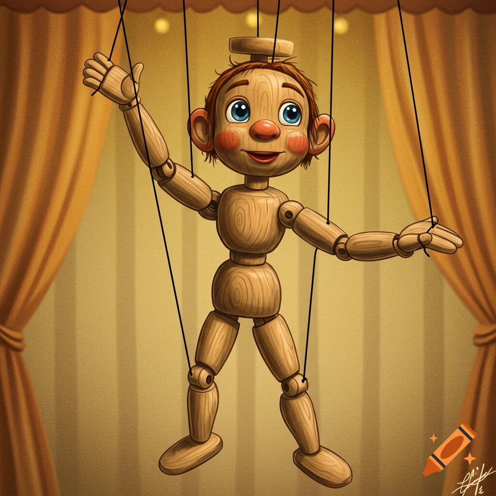 A wooden marionette puppet hangs from strings on a stage with curtains.