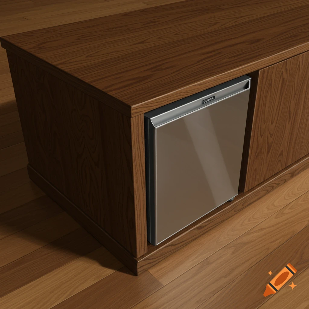 An oakwood coffee table refrigerator.