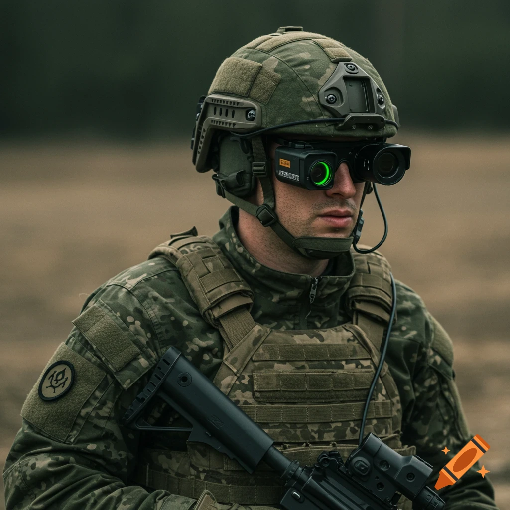 A soldier in camouflage uniform and tactical gear with a helmet and a scouting device over his eye, standing in a field.