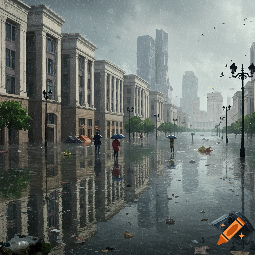 A flooded city street with people walking in the rain and tall buildings.