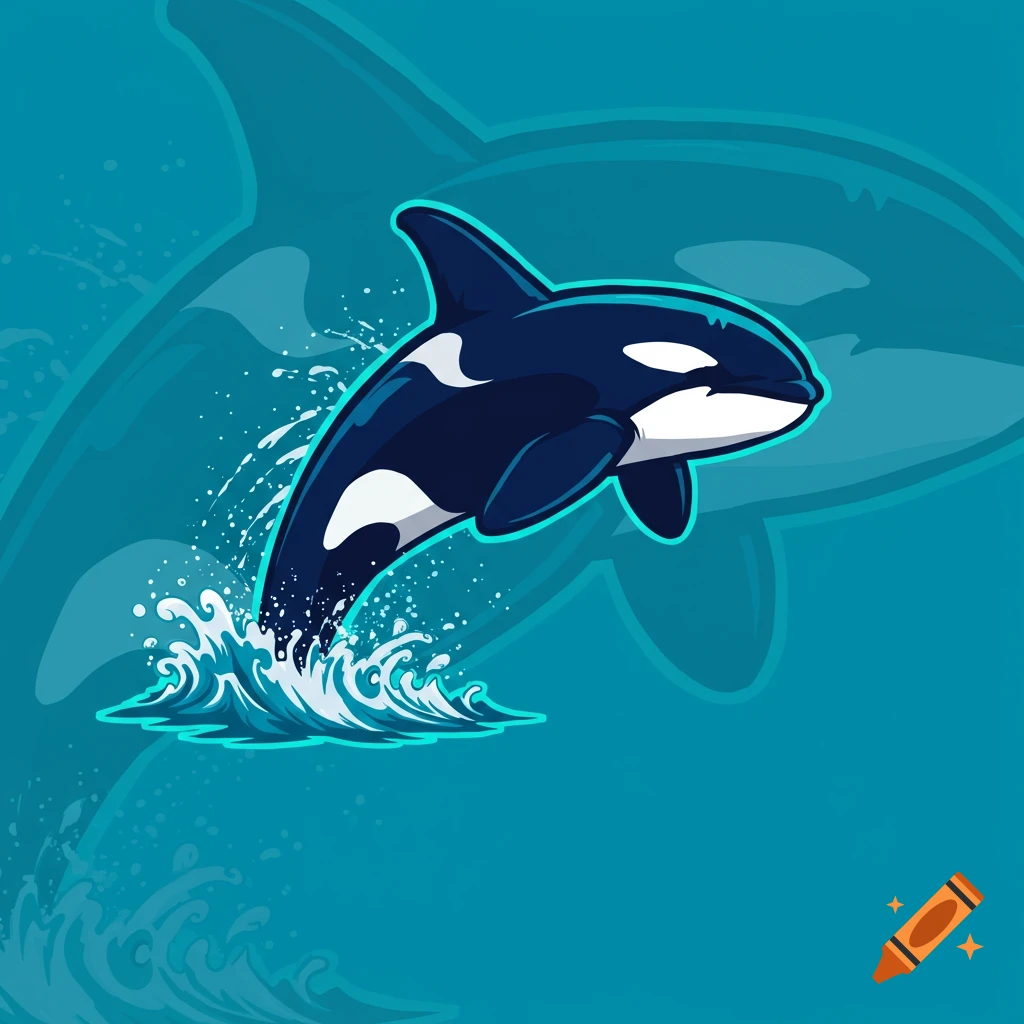 Stylized sports logo illustration of a killer whale jumping from water
