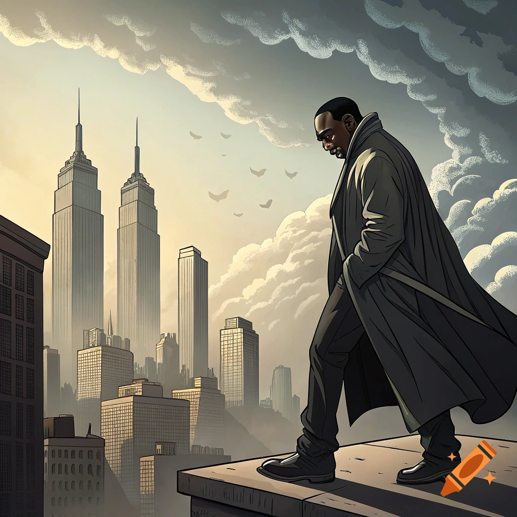 Illustration of a man in a long coat standing on a rooftop overlooking a city skyline at dusk.