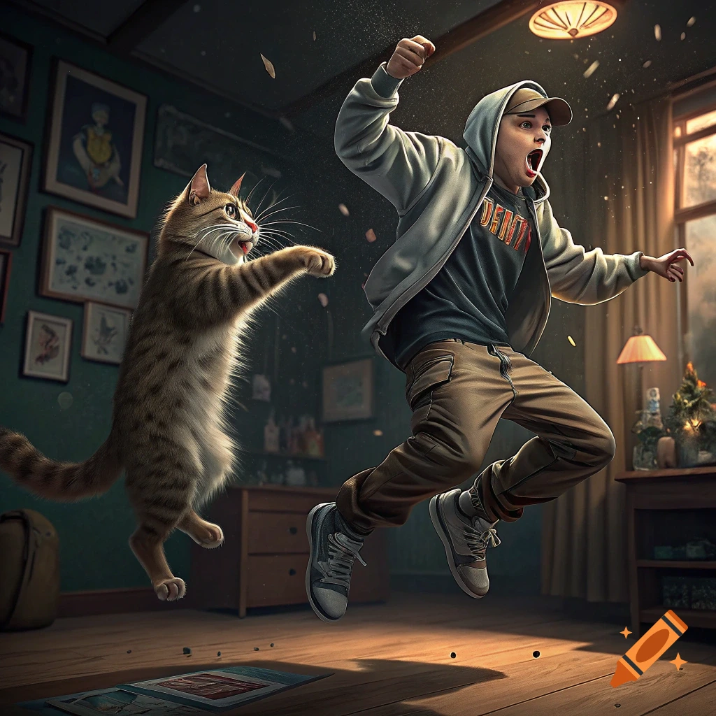 A large cat jumps towards a person who is leaping away with a surprised expression, scattering debris in a room.