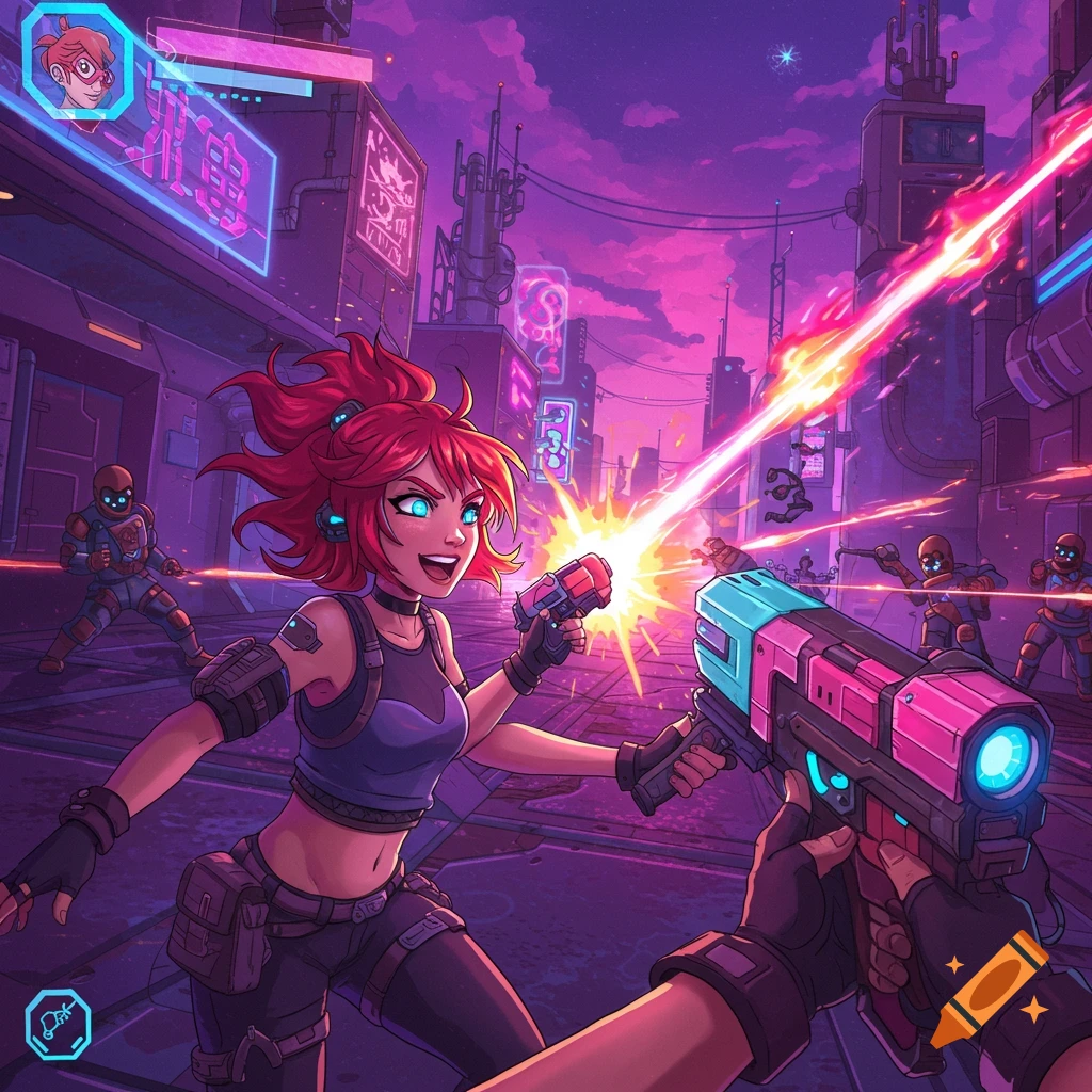 Red-haired woman shoots a laser gun in a stylized cyberpunk street battle with enemies and UI elements.