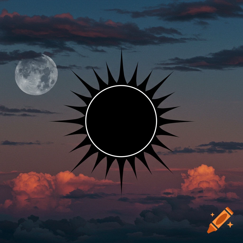 A stylized black sun and a full moon against a colourful cloudy sky.