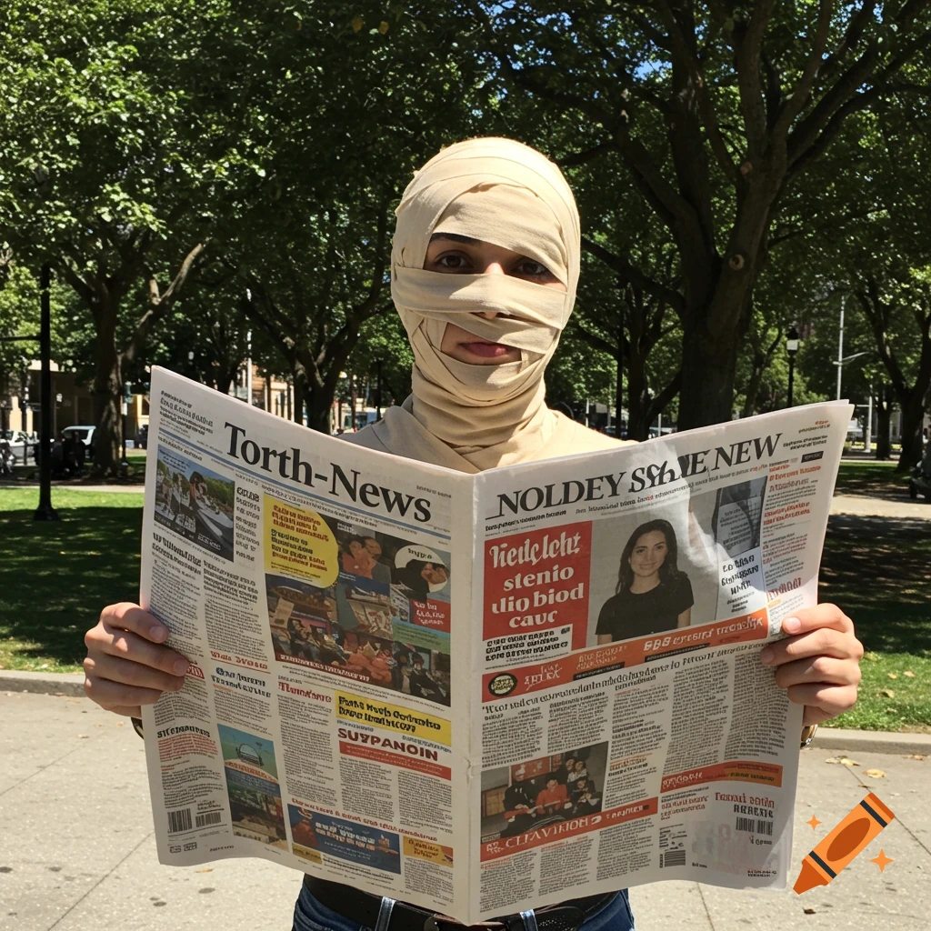 Person in mummy costume reading a newspaper in a park.