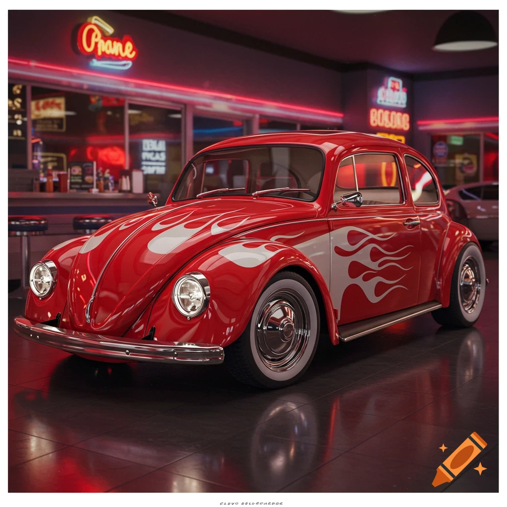 A red Volkswagen Beetle hot rod with flames parked in a retro diner.
