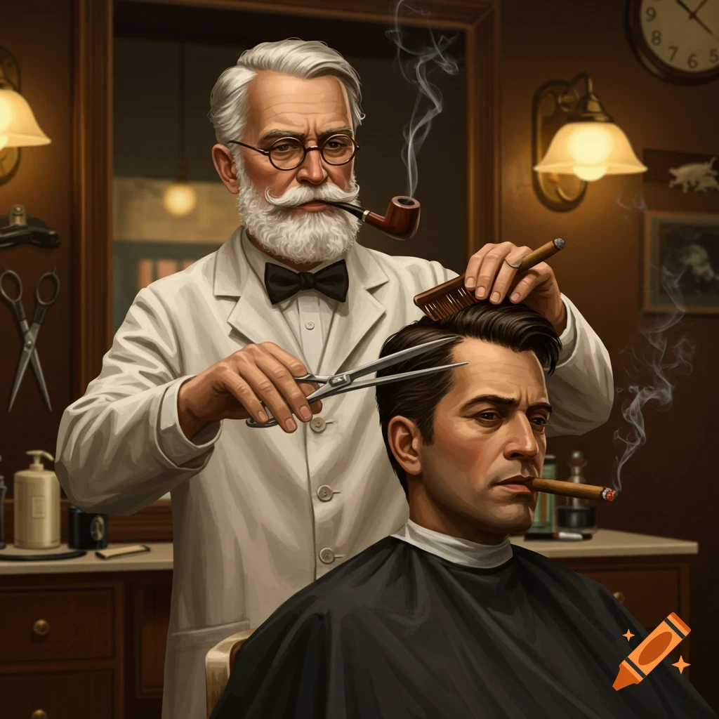 An older pipe-smoking barber cuts the hair of a cigar-smoking man in a barbershop.
